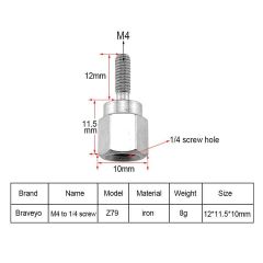 Adapter Screw 12mm Male M4 to 1/4 inch Female